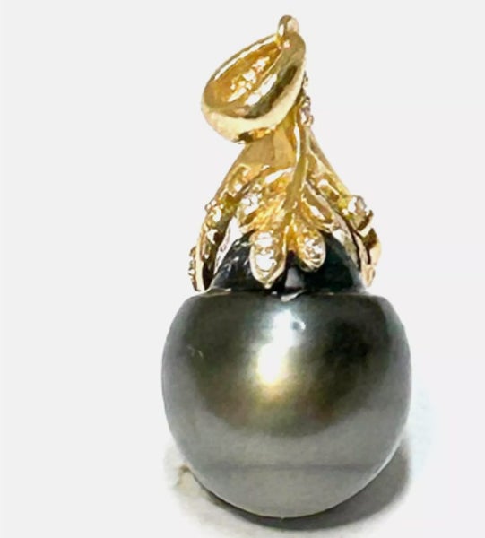 11.3x 14mm Tahitian Natural Peacock Black Green Pearl Pendant Carousel 2