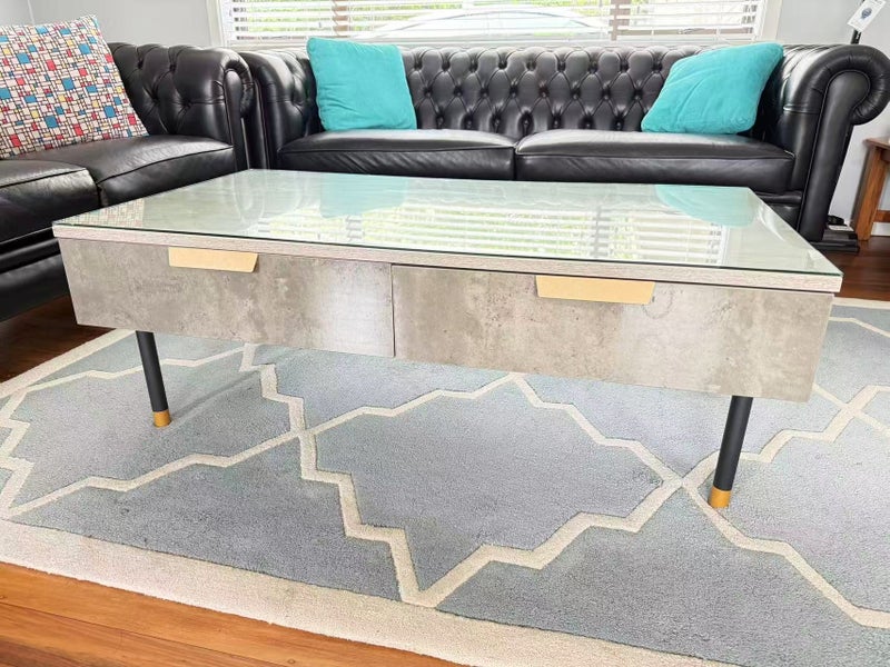 Coffee Table 2 Drawer 1.2m Temperd Glass Top Carousel 2