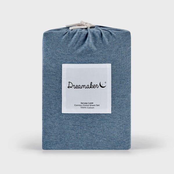 Dreamaker Jersey Luxe 100% Cotton Combo Fitted Sheet Set Denim King Single Bed Carousel 6