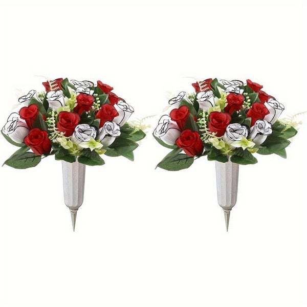 2 Sets Spring Summer Cemetery Flowers with Grave Vase Memorial Bouquet Artifi Carousel 1