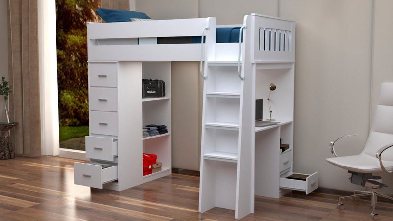 Dallas King Single Loft Bunk, Desk, Drawers, Wardrobe & Shelving - White - 2nds Carousel 1