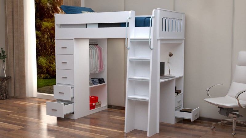 Dallas King Single Loft Bunk, Desk, Drawers, Wardrobe & Shelving - White - 2nds Carousel 2