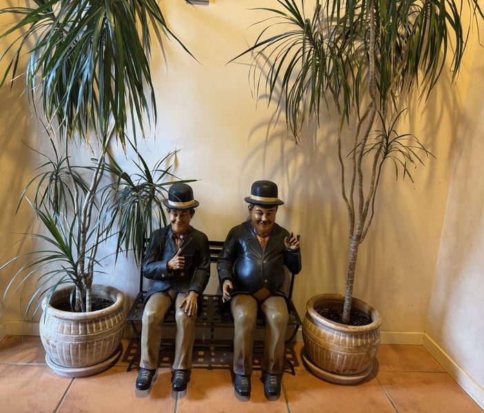 Laurel and Hardy sitting on a bench - with two potted plants64481660274305112