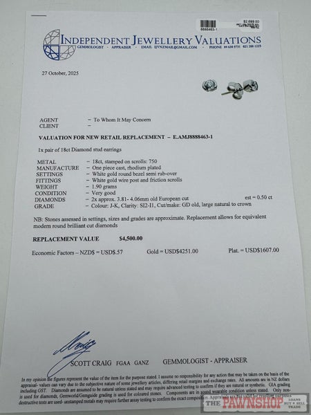 18ct White Gold 0.50ct TDW Diamond Stud Earrings ~ $4,500! Carousel 7