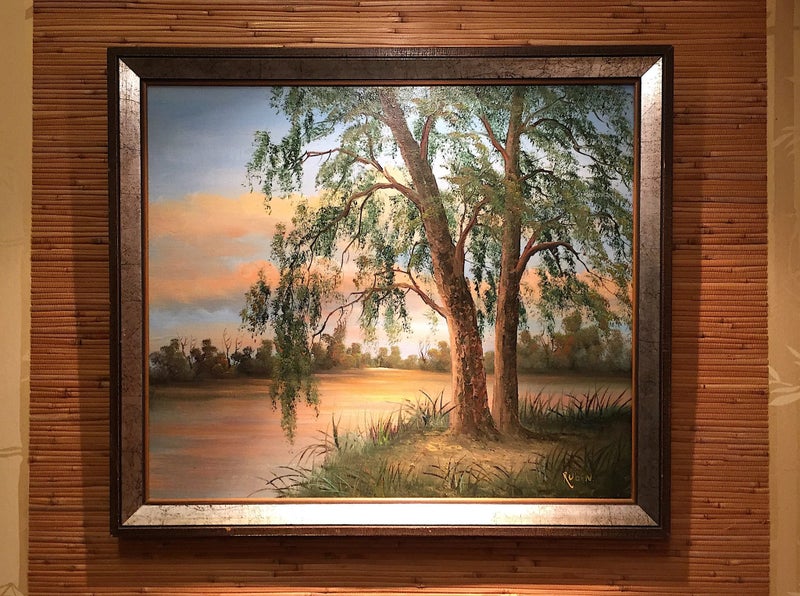 Amazing Old Landscape OIL PAINTING – SUNSET RIVER & TREES by RUBEN circa 1960s Carousel 1