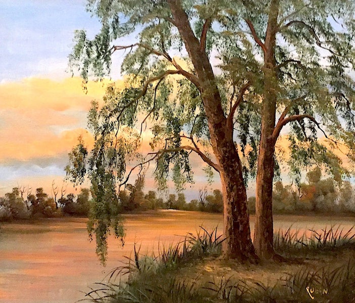 Amazing Old Landscape OIL PAINTING – SUNSET RIVER & TREES by RUBEN circa 1960s Carousel 2