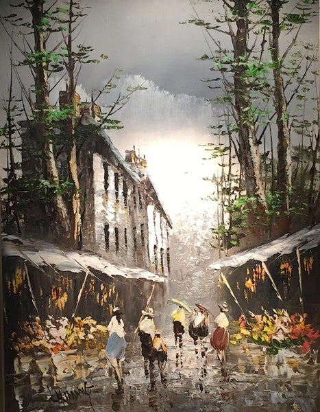 OLD European TOWNSCAPE OIL PAINTING – WOMEN HURRYING IN THE RAIN – N/NEW FRAME Carousel 2