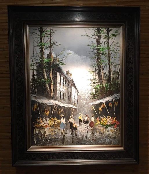 OLD European TOWNSCAPE OIL PAINTING – WOMEN HURRYING IN THE RAIN – N/NEW FRAME Carousel 1