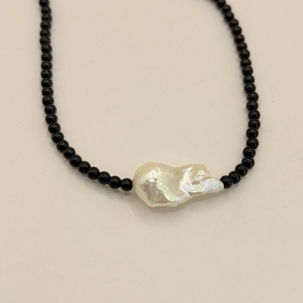 Black Beaded Necklace with Baroque Pearl Pendant Carousel 3