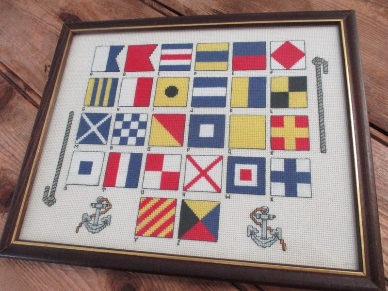 VINTAGE FRAMED " Nautical Flags " FINE HAND STITCHED TAPESTRY Carousel 1