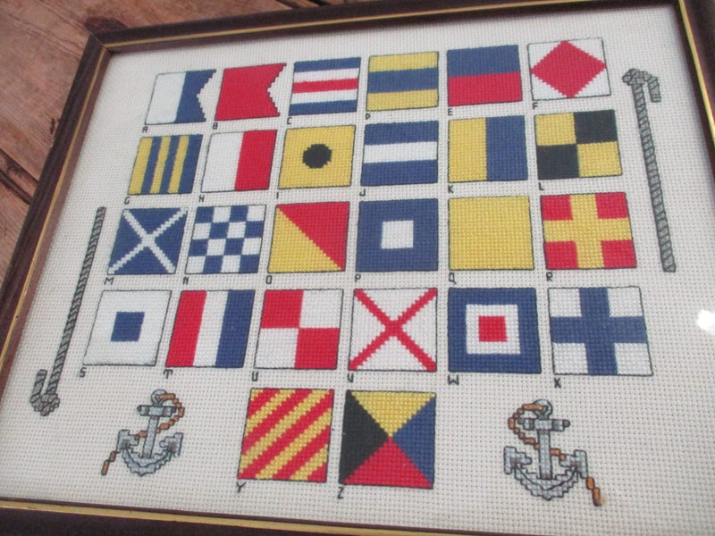VINTAGE FRAMED " Nautical Flags " FINE HAND STITCHED TAPESTRY Carousel 2