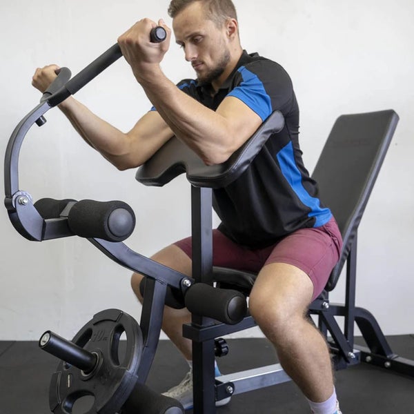 Adjustable weight bench with leg extension/curl & removable bicep curl ($500new)64414042777859112