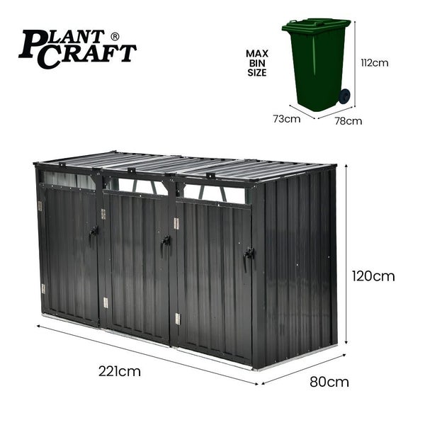 Plantcraft Triple Steel Wheelie Garbage Bin Storage Shed Enclosure With 3 Openin Carousel 2