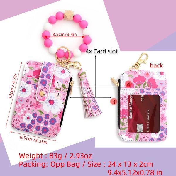 Elosung Floral Slim Card Holder Wallet With Beaded Keychain Bracelet & Tassel 4 Carousel 2