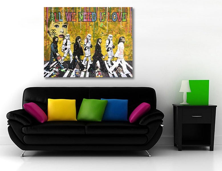 Framed $1 RESERVE 1 Panel Canvas Art Print - Banksy - Beatles Carousel 2