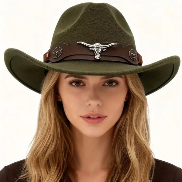 ~ Unisex Size L Western Cowboy Outback Style Hat Bull Head Design Olive Green64829089300353110