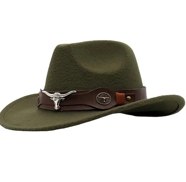 ~ Unisex Size L Western Cowboy Outback Style Hat Bull Head Design Olive Green64829089300353111