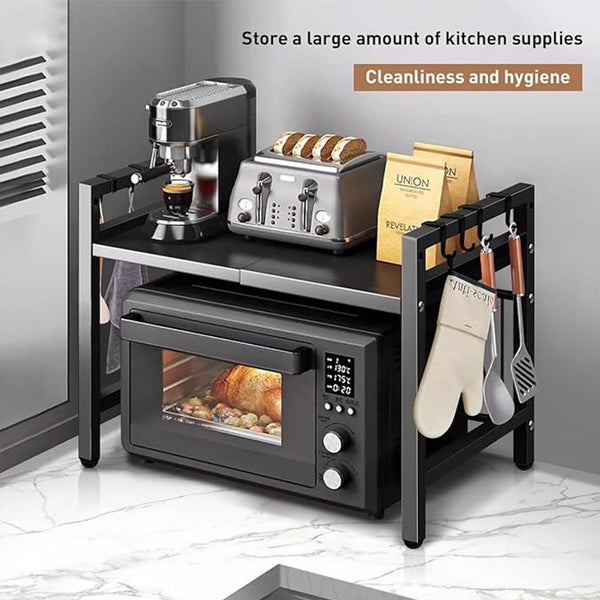 2-Tier Expandable Microwave Oven Rack Metal Stand Shelf with 6 Hooks Carousel 1