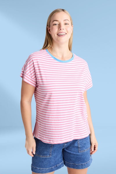 Elm Jarrah Stripe Short Sleeve Tee Geranium Pink and White Stripe Carousel 1
