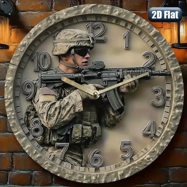 Round Wall Clock - 2D Printed Flat, Retro Soldier Theme 30cm Carousel 1