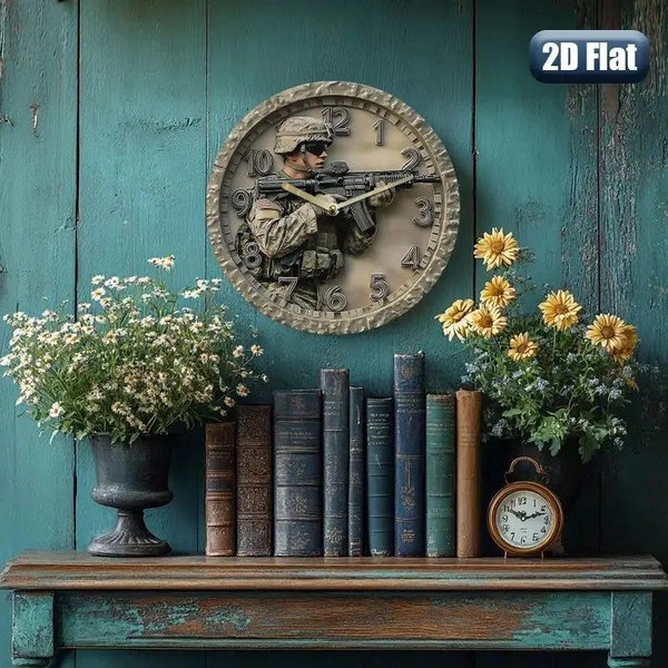 Round Wall Clock - 2D Printed Flat, Retro Soldier Theme 30cm Carousel 2