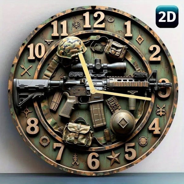 . Wall clock 2D Flat. 1pc. Wooden Weaving Wall Clock, AK47 Rifle/Pattern, Carousel 1