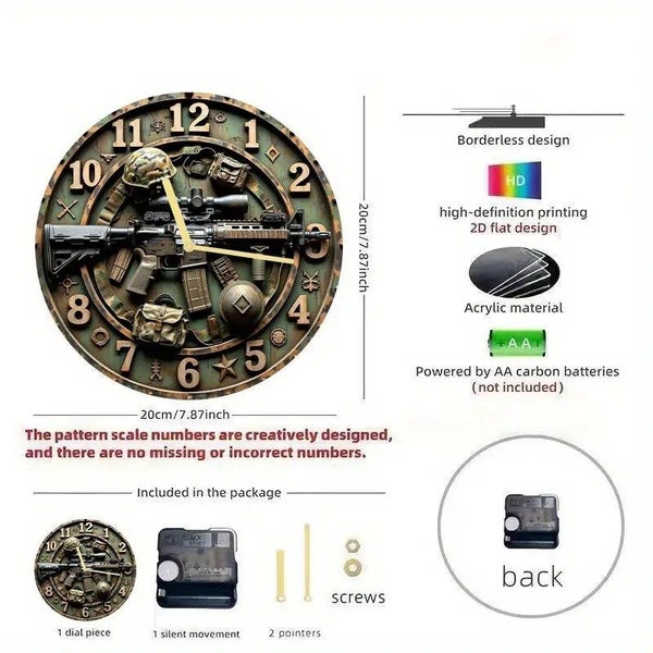. Wall clock 2D Flat. 1pc. Wooden Weaving Wall Clock, AK47 Rifle/Pattern, Carousel 4