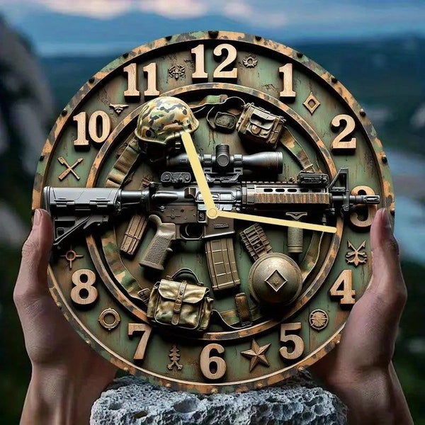 . Wall clock 2D Flat. 1pc. Wooden Weaving Wall Clock, AK47 Rifle/Pattern, Carousel 2