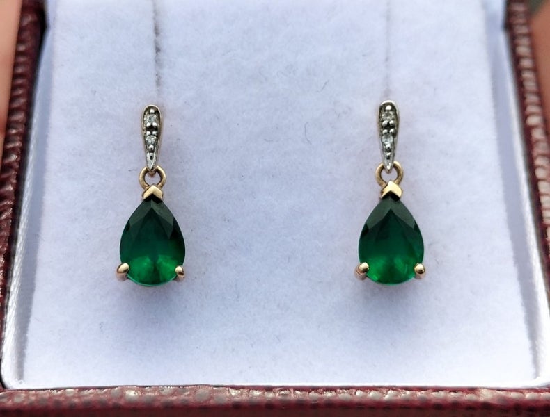 10kt Gold Emerald & Diamond Drop Earrings Carousel 1