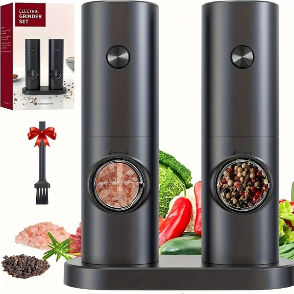 Set of 2 Electric Salt & Pepper Grinder Set Black Adjustable Coarse/Fine LED ... Carousel 1