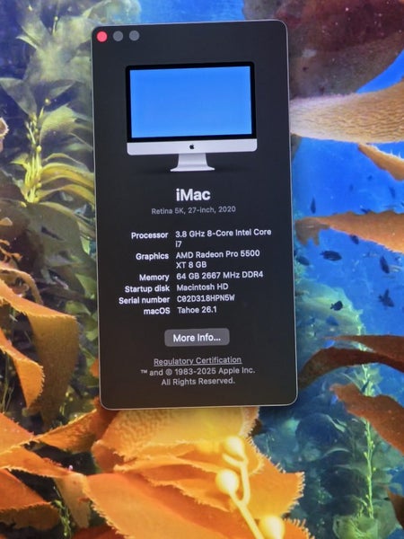 Imac Retina 5K 27-inch 2020 i7 8 core 64Gb 512 Gb 8Gb Radeon Pro 5500 XT Tahoe Carousel 2