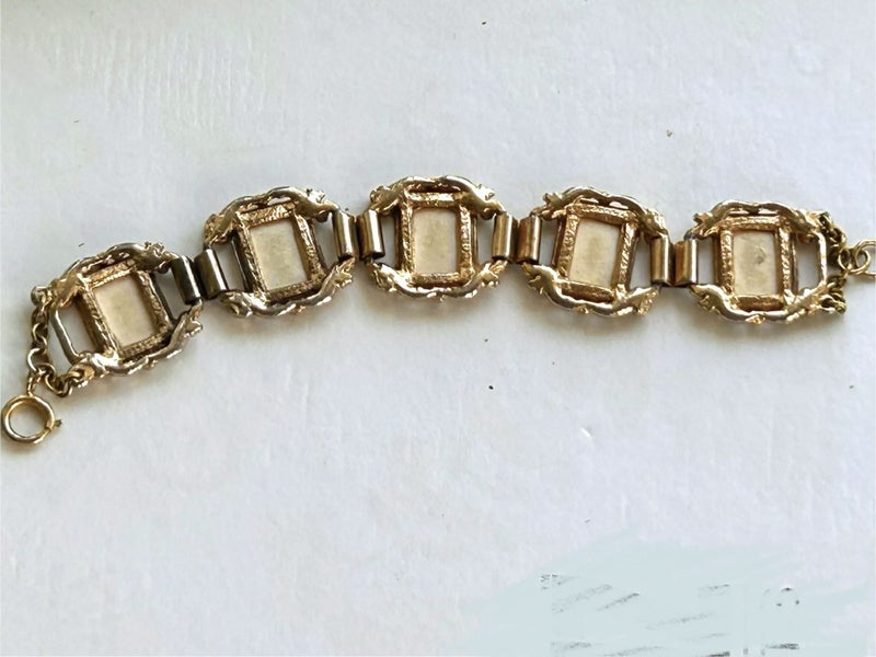 vintage portrait photo panel bracelet gilded brass 1940s Carousel 1
