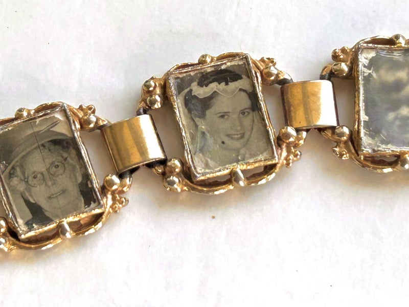 vintage portrait photo panel bracelet gilded brass 1940s Carousel 2