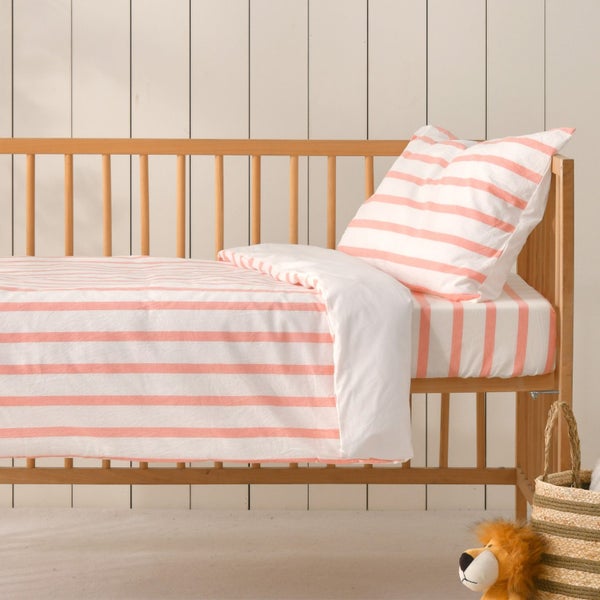 Dreamaker Baby Bask Washed Cotton Yarn Dyed Stripe Duvet Cover Set Coral Cot Carousel 1