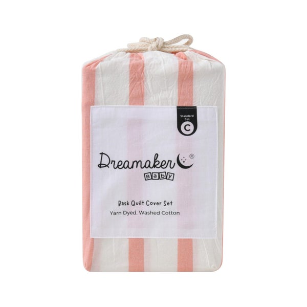 Dreamaker Baby Bask Washed Cotton Yarn Dyed Stripe Duvet Cover Set Coral Cot Carousel 7