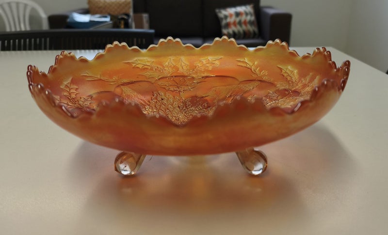 Vintage Fenton Carnival Glass Orange Holly Pattern Ruffled Edge Footed Bowl Carousel 6