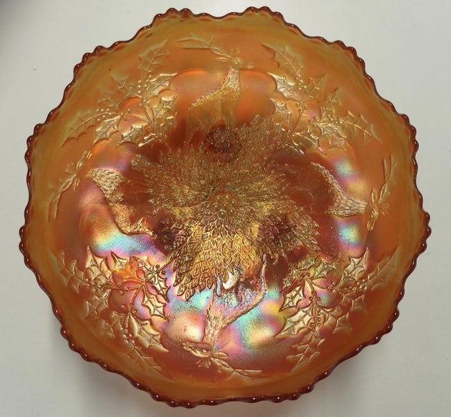 Vintage Fenton Carnival Glass Orange Holly Pattern Ruffled Edge Footed Bowl Carousel 1