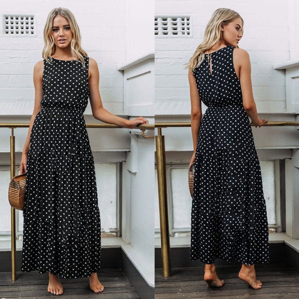 Black Polka Dot Sleeveless Casual Long Party Dress Womens Clothing Sz12 J1504BK4 Carousel 1