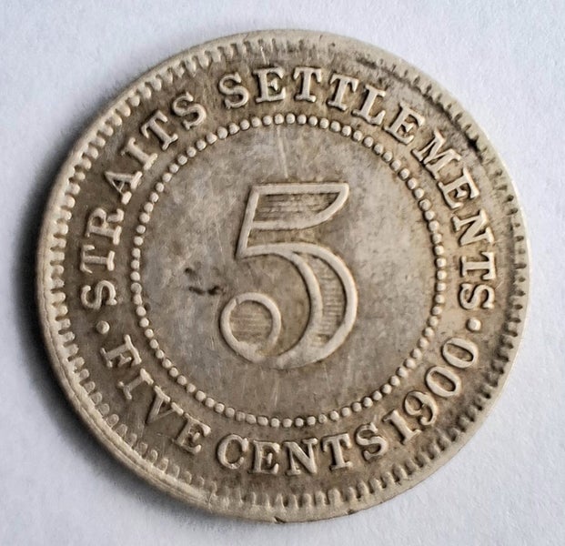 Straits Settlements scarce date 5c 1900H Cat. US$22 in F Carousel 2