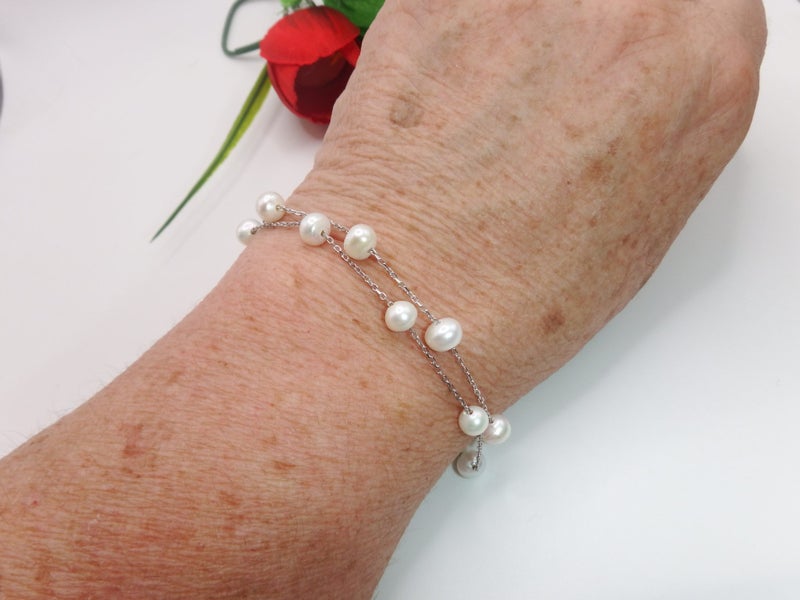 Natural White Freshwater Pearl Sterling Silver Bracelet - #PLB1 Carousel 1