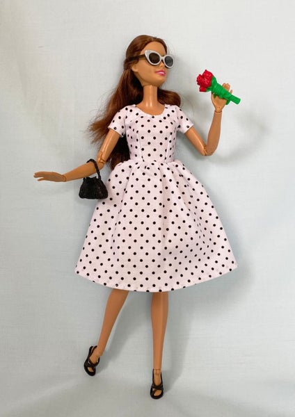 Handmade Barbie Clothes: White and Black Dot Tea Dress Carousel 2