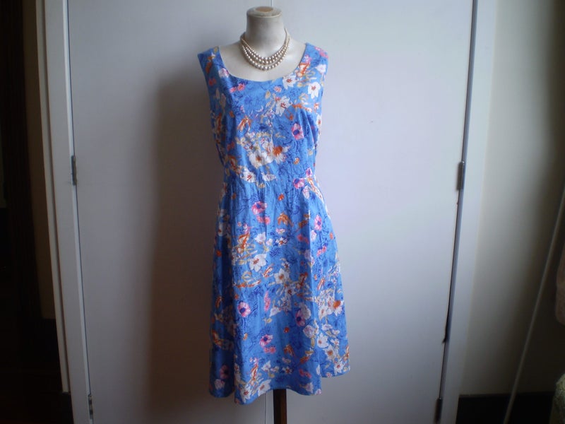 MESMERISE DESIGNER PRETTY VINTAGE STYLE BLUE FLORAL COTTON SUMMER DRESS 22 Carousel 1