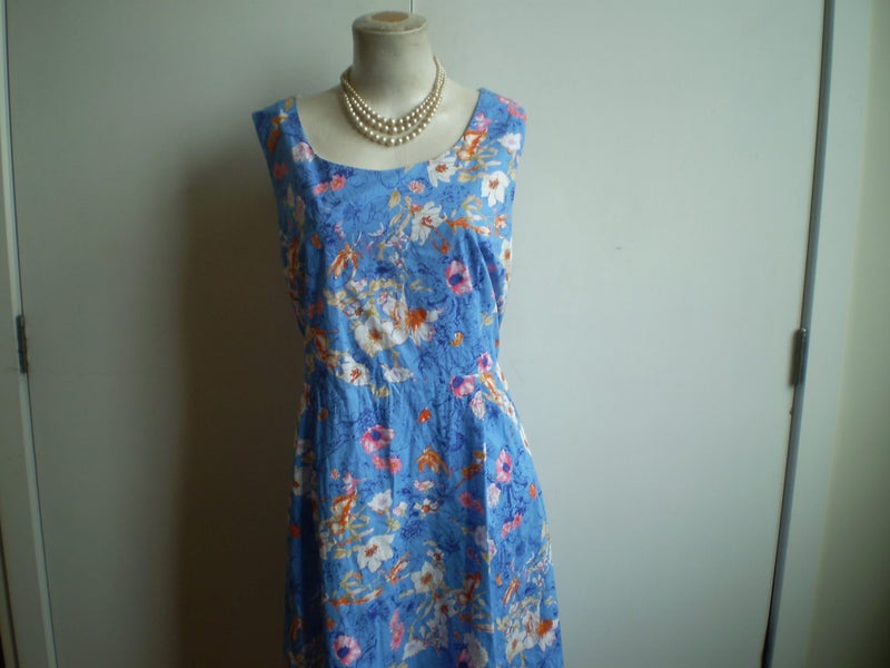 MESMERISE DESIGNER PRETTY VINTAGE STYLE BLUE FLORAL COTTON SUMMER DRESS 22 Carousel 2