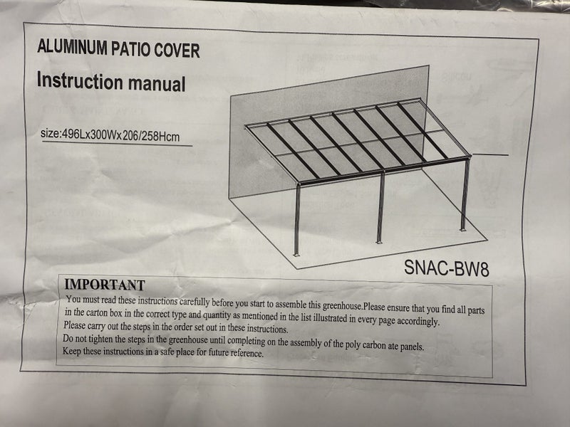 4960 L x 3050 W Aluminium Canopy, Patio cover, Carport, Lean To Pergola64459657308929110