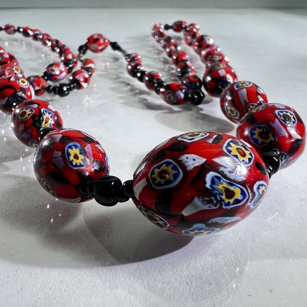Vintage Murano Millefiori Glass Bead Necklace – Long Length, Vibrant Red & Black Carousel 1