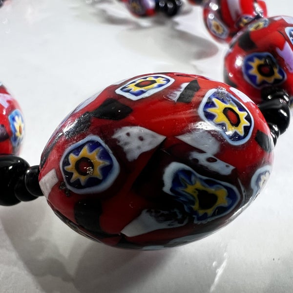 Vintage Murano Millefiori Glass Bead Necklace – Long Length, Vibrant Red & Black Carousel 2