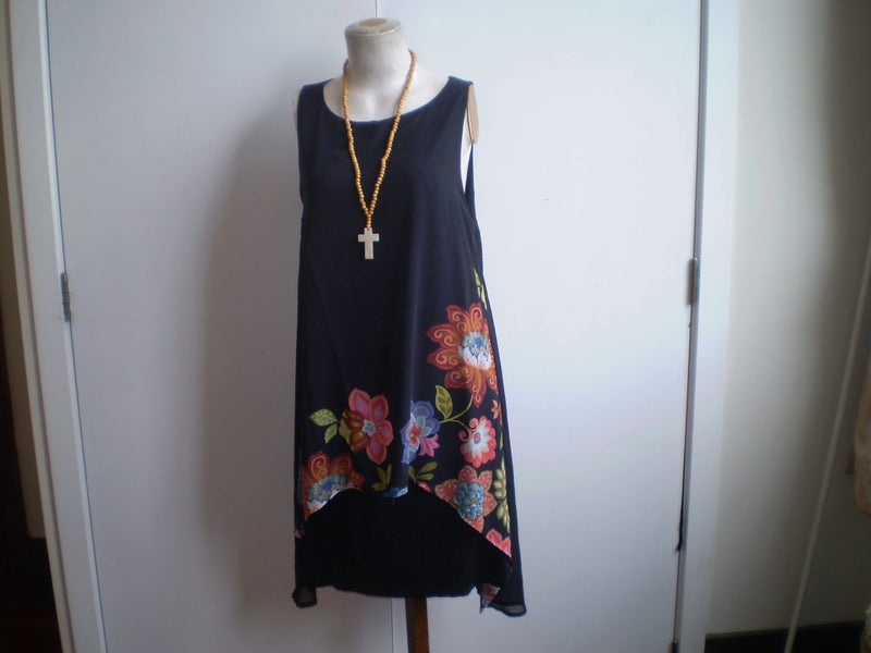 DESIGUAL EURO DESIGNER BLACK+FLORAL PRINT LAYERING SHIFT DRESS 14 Carousel 1