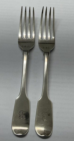 DATED 1836 - STERLING SILVER - DESSERT FORKS X 2 - IN THE FIDDLE PATTERN -