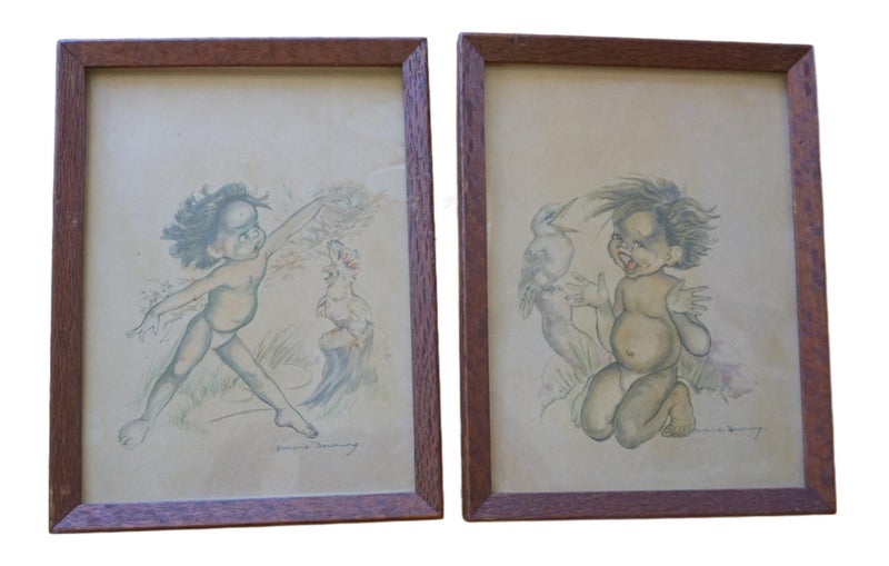 Pair of Brownie Downing Pictures - Oak Frames - Aboriginal Babies / Toddlers Carousel 1