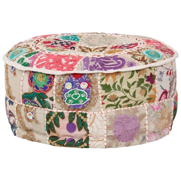 vidaXL Patchwork Pouffe Round Cotton Handmade 40x20 cm Beige Carousel 1